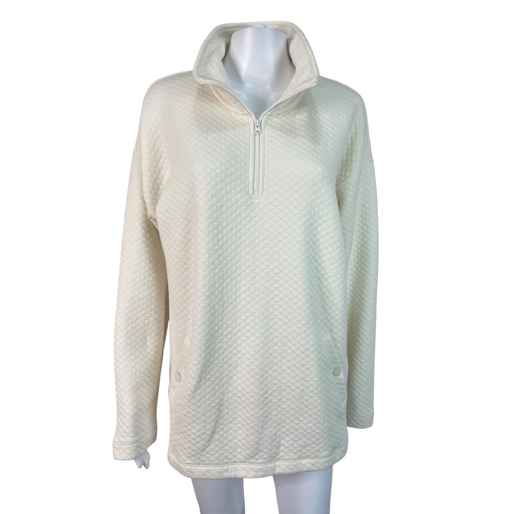 LL Bean Womens Sweatshirt Quilted Quarter Zip Pullover Ivory Cabin Cozy Size M